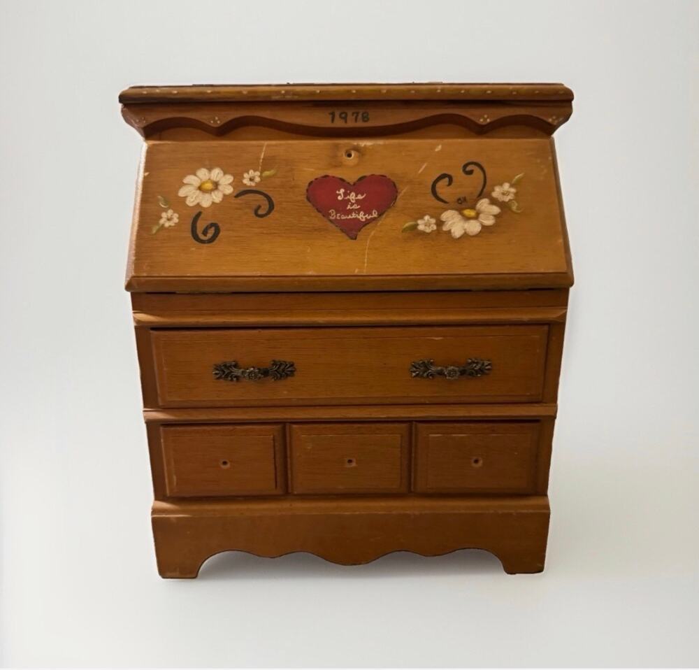 Vintage Mini Secretary Desk Style Wooden Jewelry Box Hand Painted Trinket Chest